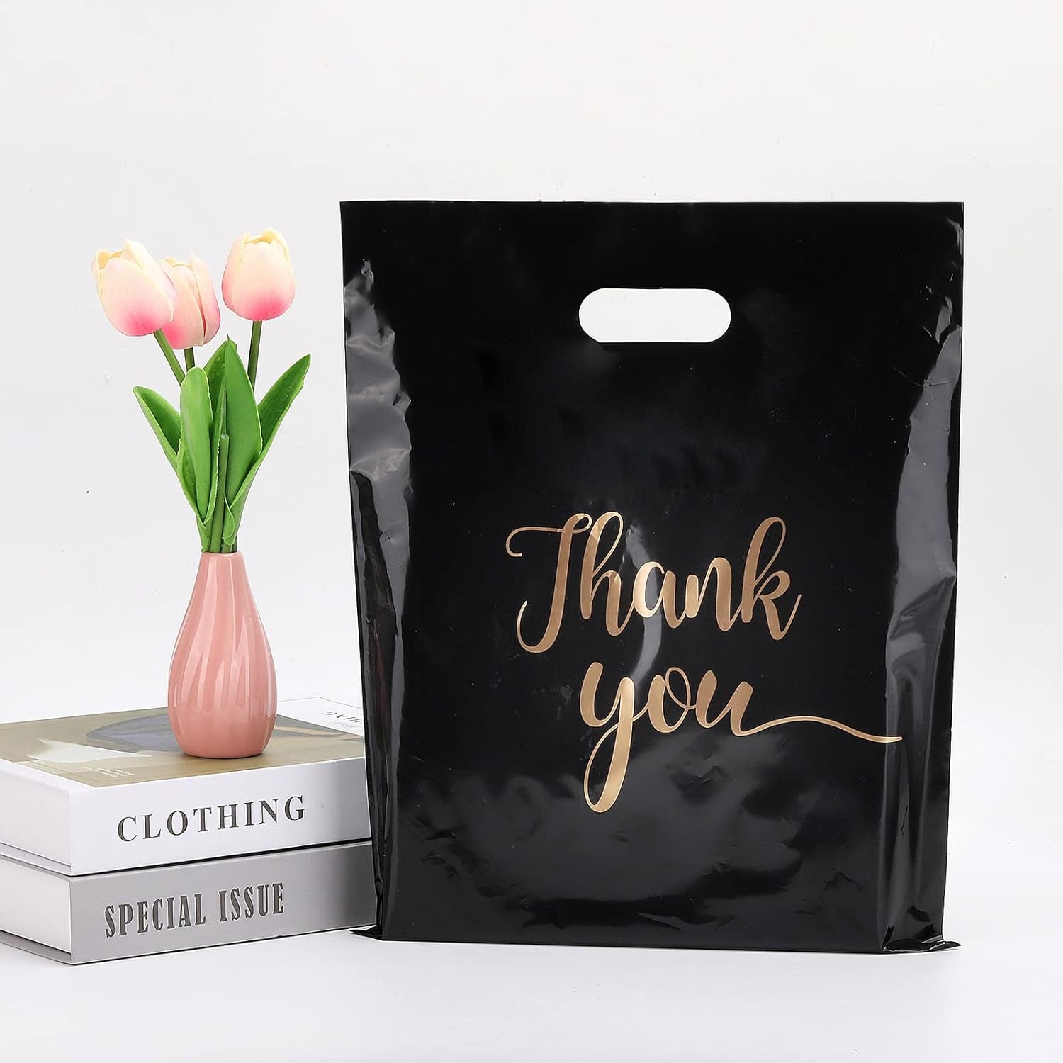 100 Pcs Thank You Merchandise Bags for Small Business, 2.36Mil Thickness 12X15 Inch Plastic Retail Shopping Bags with Handle for Goodie, Gift, Stores, Boutique, Clothing (Black)