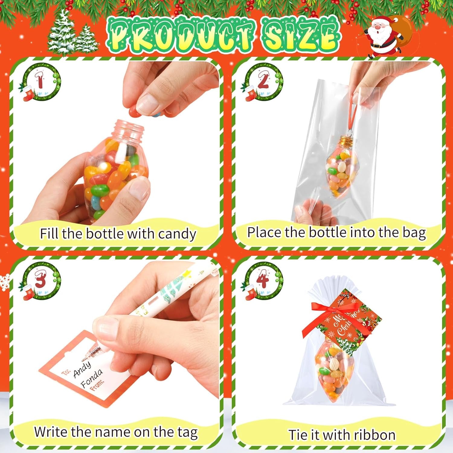 24 Sets Christmas Fillable Balls Bottles Christmas Tree Ornaments with Tags Ribbons DIY Fillable Balls Candy Servers Plastic Santa Claus Bulb Hanging Ornaments Xmas Winter Holiday Party Favors