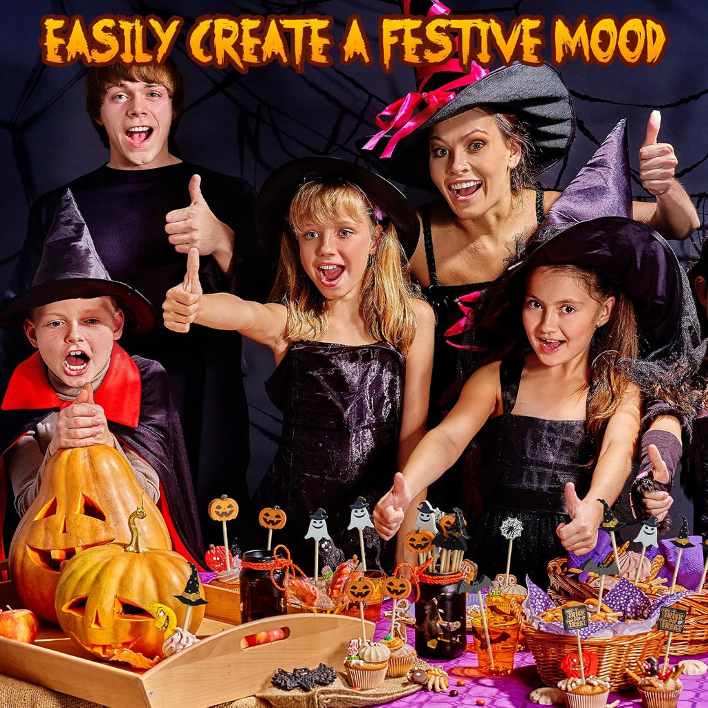 120 Halloween Cocktail Picks, 8 Kind of Bamboo Pumpkin Ghost Spider Hat Bat Eyeball Decorative Toothpicks for Appetizers, 4.7 in Food Sticks Charcuterie Skewers for Halloween Themed Party