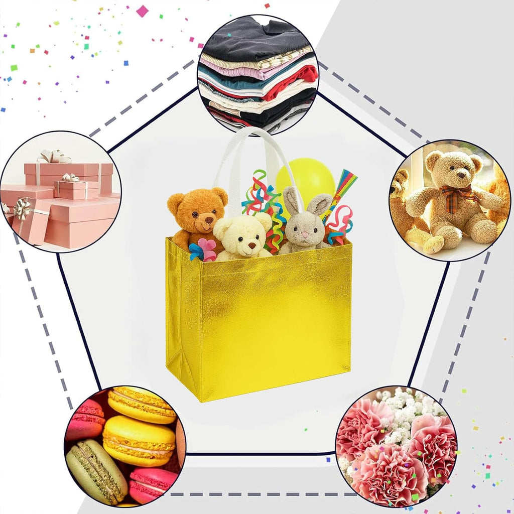 15PCS Reusable Gift Bags with Handles, 12.6 X 5 X 11, Gold, Bulk, Large Party Favor Bags for Birthday, Wedding