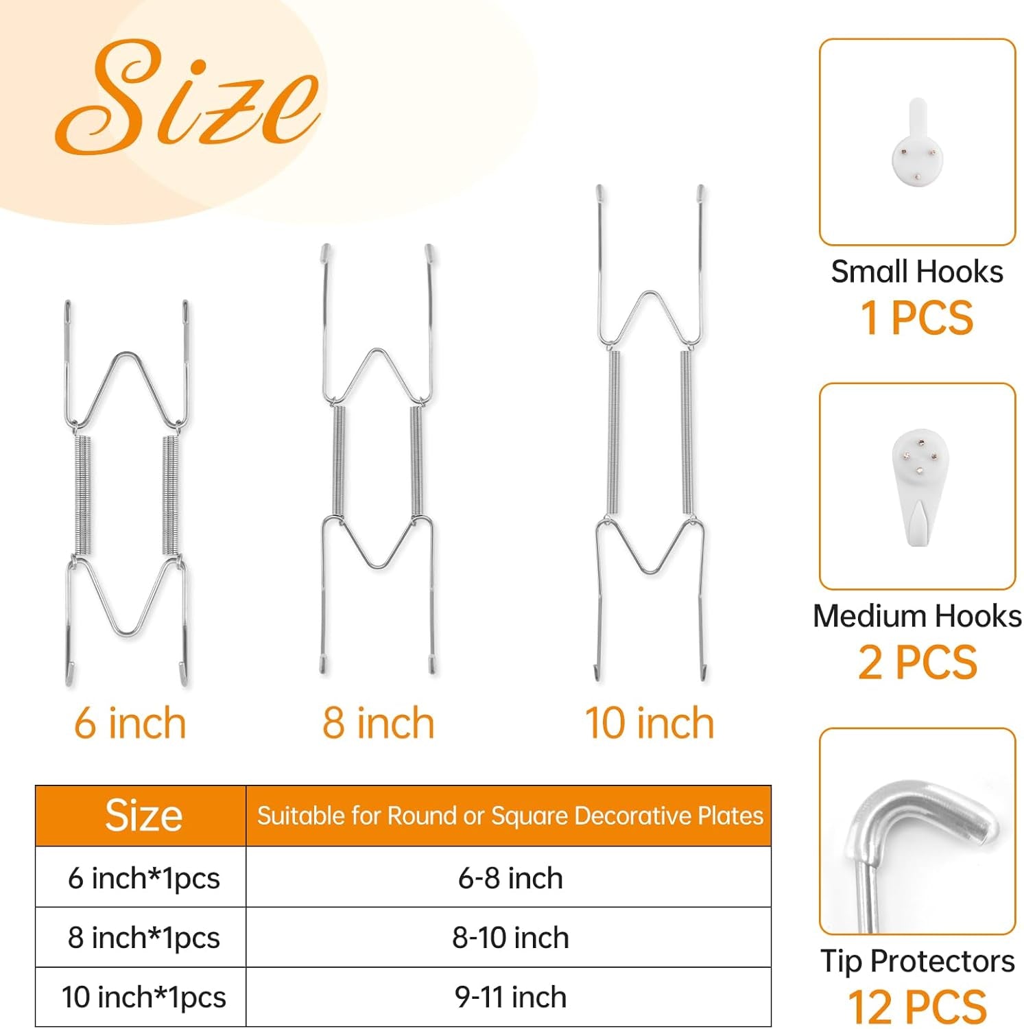 3-Piece Stainless Steel Plate Hangers - Heavy Duty 6/8/10 Inch Invisible Wall Plate Holders with 3 Wall Hooks & 12 Rubber Tip Protectors for 6-11 Inch Decorative Plates (Silver)