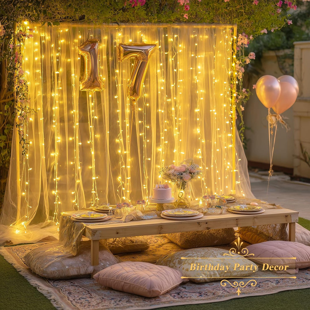 200 LED Christmas Curtain Lights Battery Operated & USB Plug In, 8 Modes Warm White Curtain String Lights for Backdrop Bedroom Classroom Wedding Party Decorations