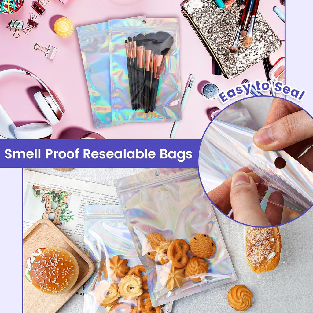 15PCS Holographic Mylar Bags, Resealable Bags Smell Proof Iridescent Freshie for Christmas Party Favor Food Storage 6 X 9 Inch