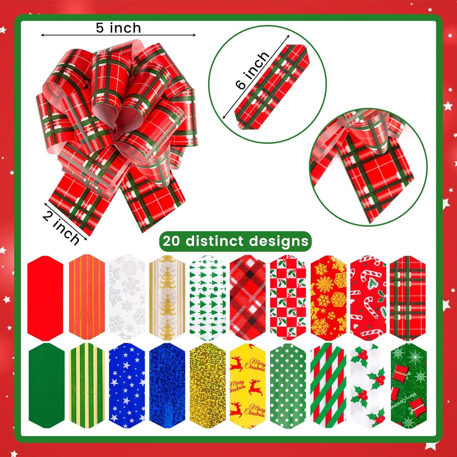 20PCS Christmas Bows for Gift Wrapping(5" Wide), Easy and Fast Wrap Pull Bows for Presents Basket Box Decor, 20 Styles Xmas Gift Wrapping and Party Supplies Decoration