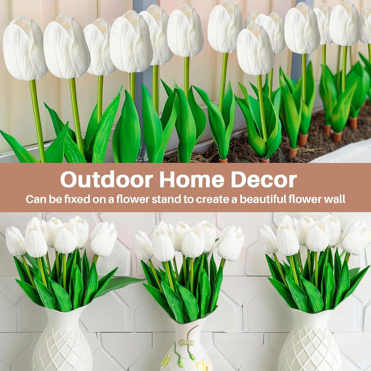 10 White Tulips Artificial Flowers - Real Touch Fake Tulips, Realistic Faux Plastic Flowers Bouquet for Home Dining Table Decoration