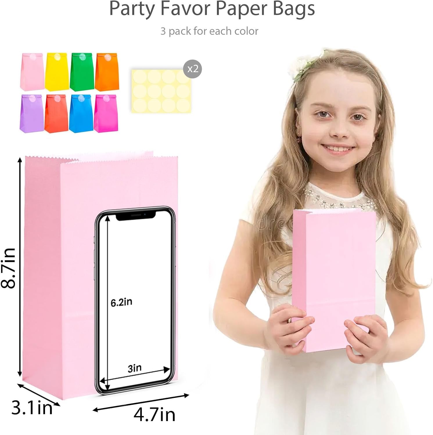 24PCS Colored Paper Bags, Party Favor Treat Bags with Stickers Goodie 8 Colors for Wedding Birthday Baby Shower 8.7”X 4.7”X 3”