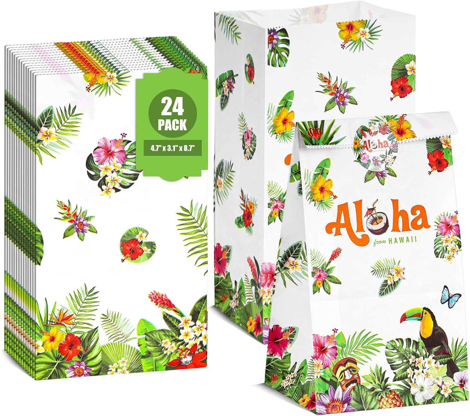 24PCS Luau Hawaii Party Favor Bags, 4.7"X3.1"X8.7" Aloha Paper Gift Bags with Stickers for Candy, Treats, Summer Tropical Hawaiian Parties