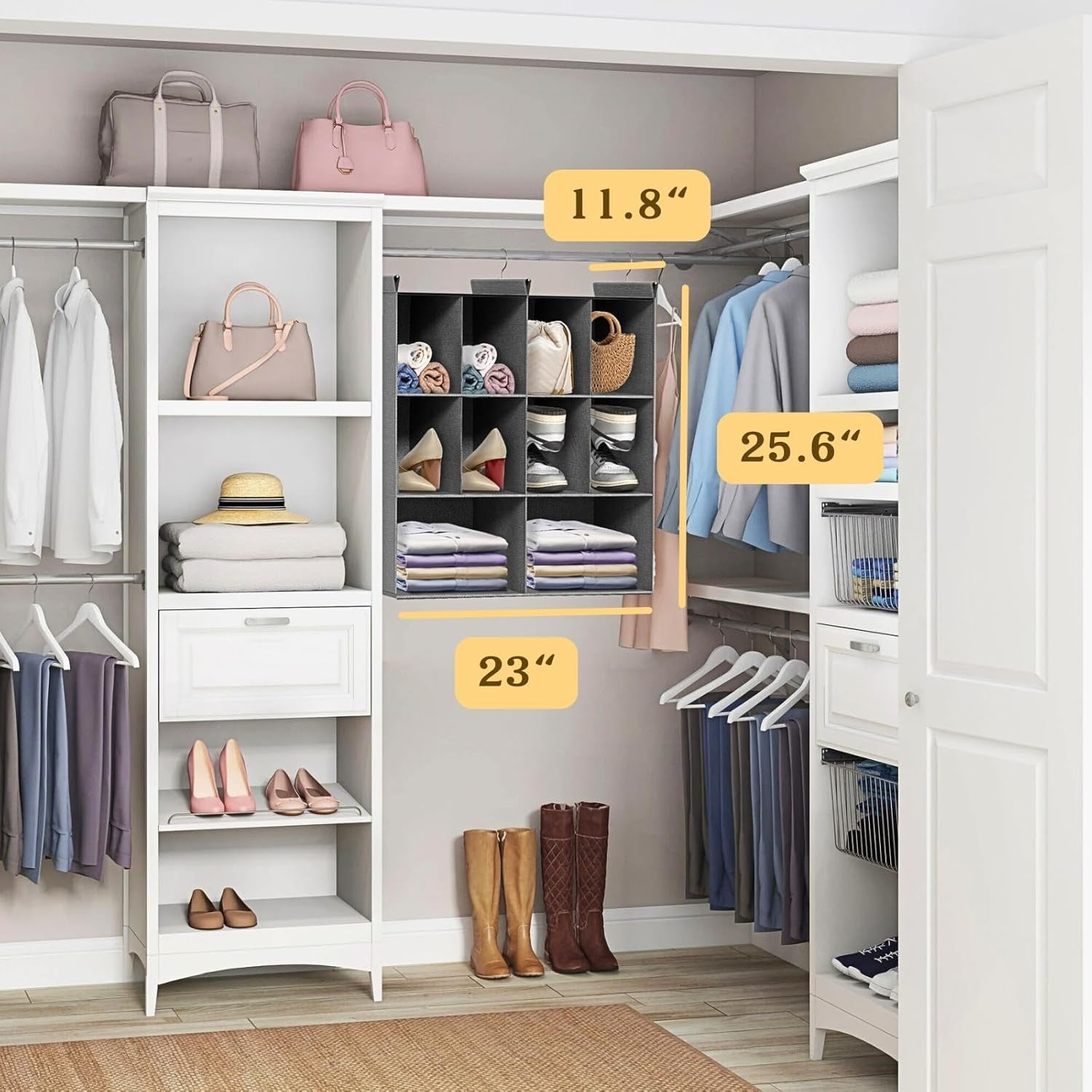 3 Tier Hanging Closet Organizer, 10 Compartments Sweater Organizer for Closet with 3 Sturdy Hooks, Closet Organizers and Storage, Wardrobe, Rv, Garment Rack, Grey