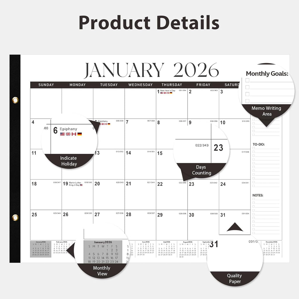2026 Desk Calendar, Large Desk Calendar 22" X 17" (Jan 2026 - Jun 2027) Monthly Desktop Wall Planner for Family Teacher School Office Supplies, Black-White