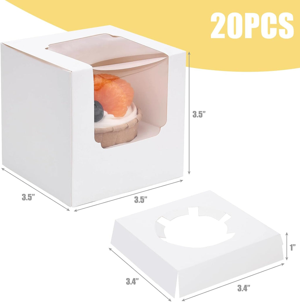 20PCS White Cupcake Boxes, 3.5"X3.5"X3.5" Individual Cupcake Containers Pre-Assembled Containers with Window and Inserts for Wedding Baby Shower Birthday