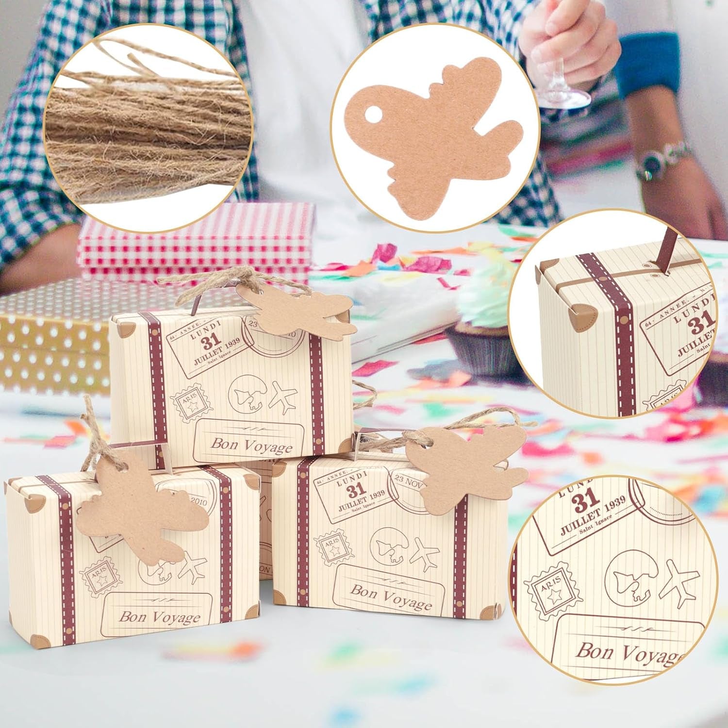 120PCS Mini Suitcase Party Favor Box,Suitcase Favor Boxes, Vintage Kraft Paper with Tags for Wedding/Travel Themed Party/Bridal Shower Decoration