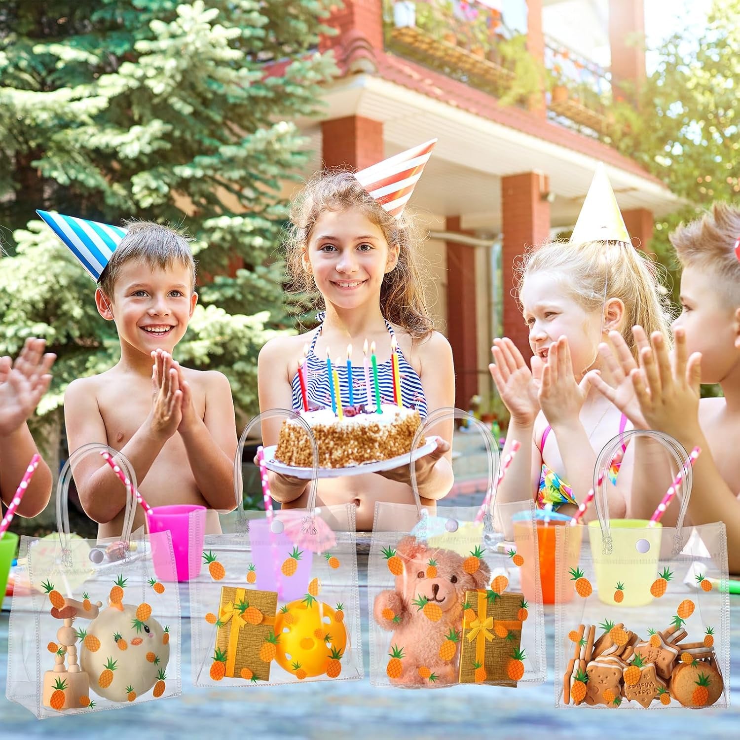 24 Pcs Pineapple Gift Bags Plastic Clear Hawaiian Treat Tote Bags with Handles Waterproof Portable Luau Party Favor for Summer Beach Tropical Party Birthday, 5.9 X 2.7 X 6.3 Inch