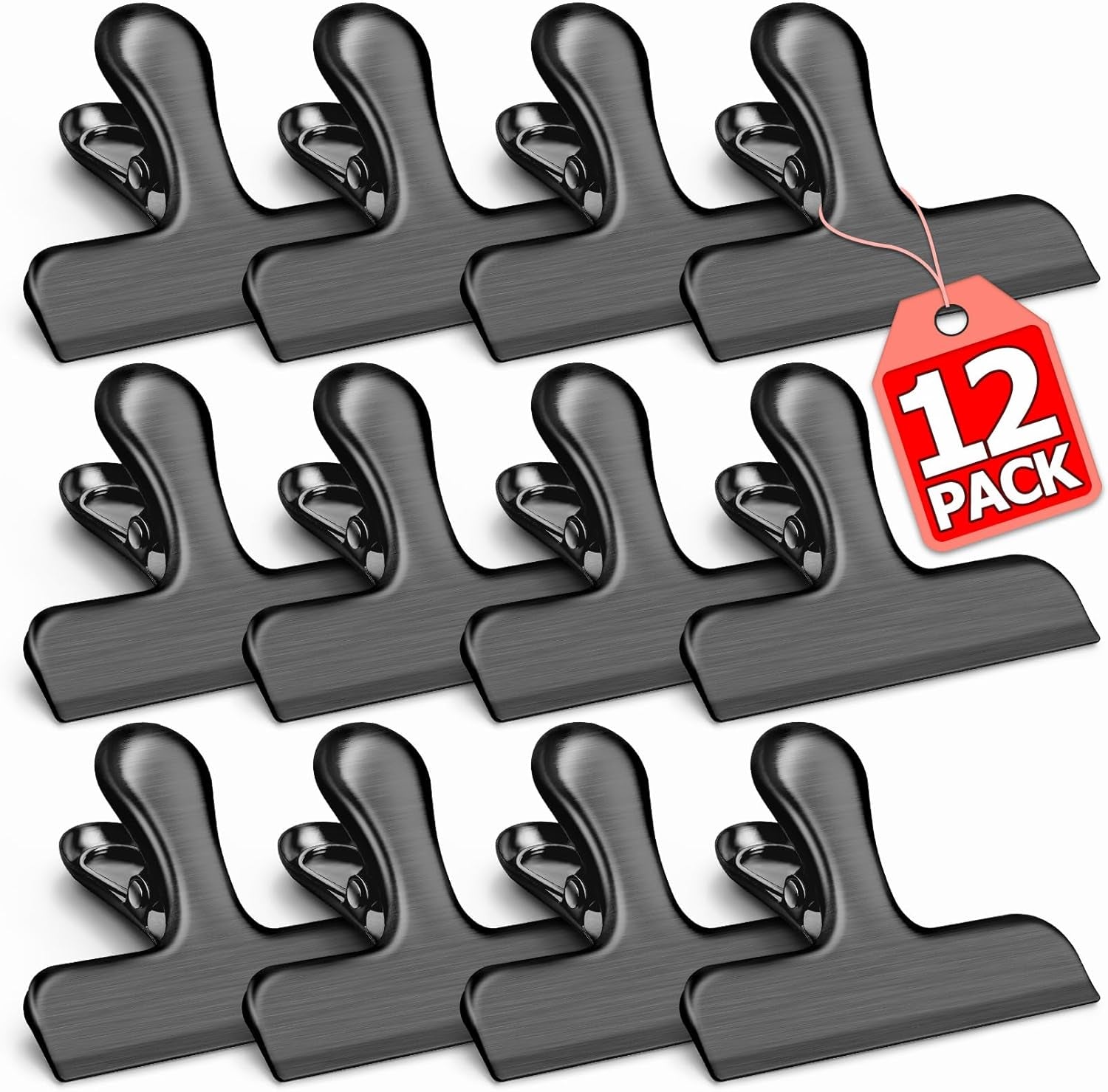12 Pack Stainless Steel Chip Clips, Bag Clips for Food, Heavy Duty Chip Clip for Kitchen and Office to Seal Coffee Bags, Paper Sheets, Metal Clip Air Tight Seal-3 Inches, Black
