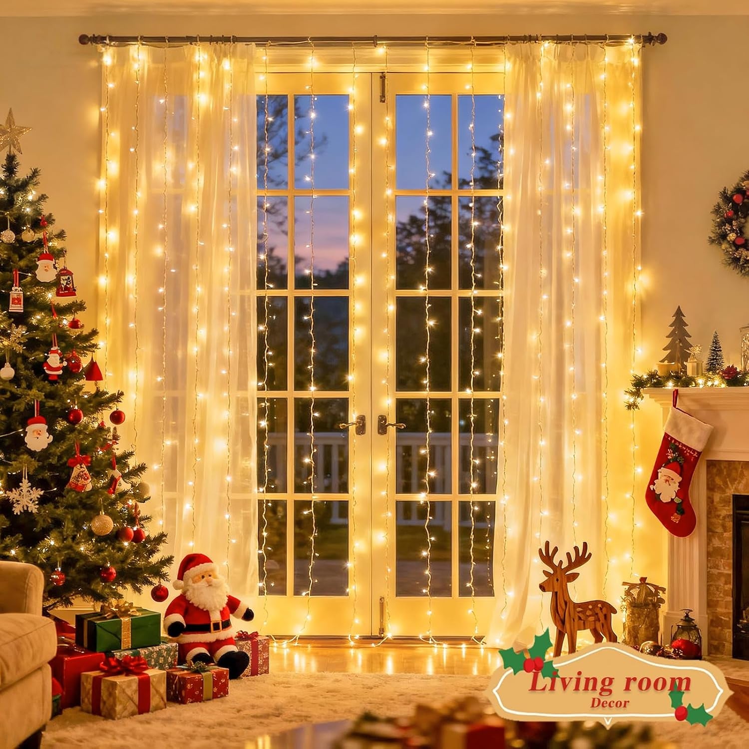 200 LED Christmas Curtain Lights Battery Operated & USB Plug In, 8 Modes Warm White Curtain String Lights for Backdrop Bedroom Classroom Wedding Party Decorations
