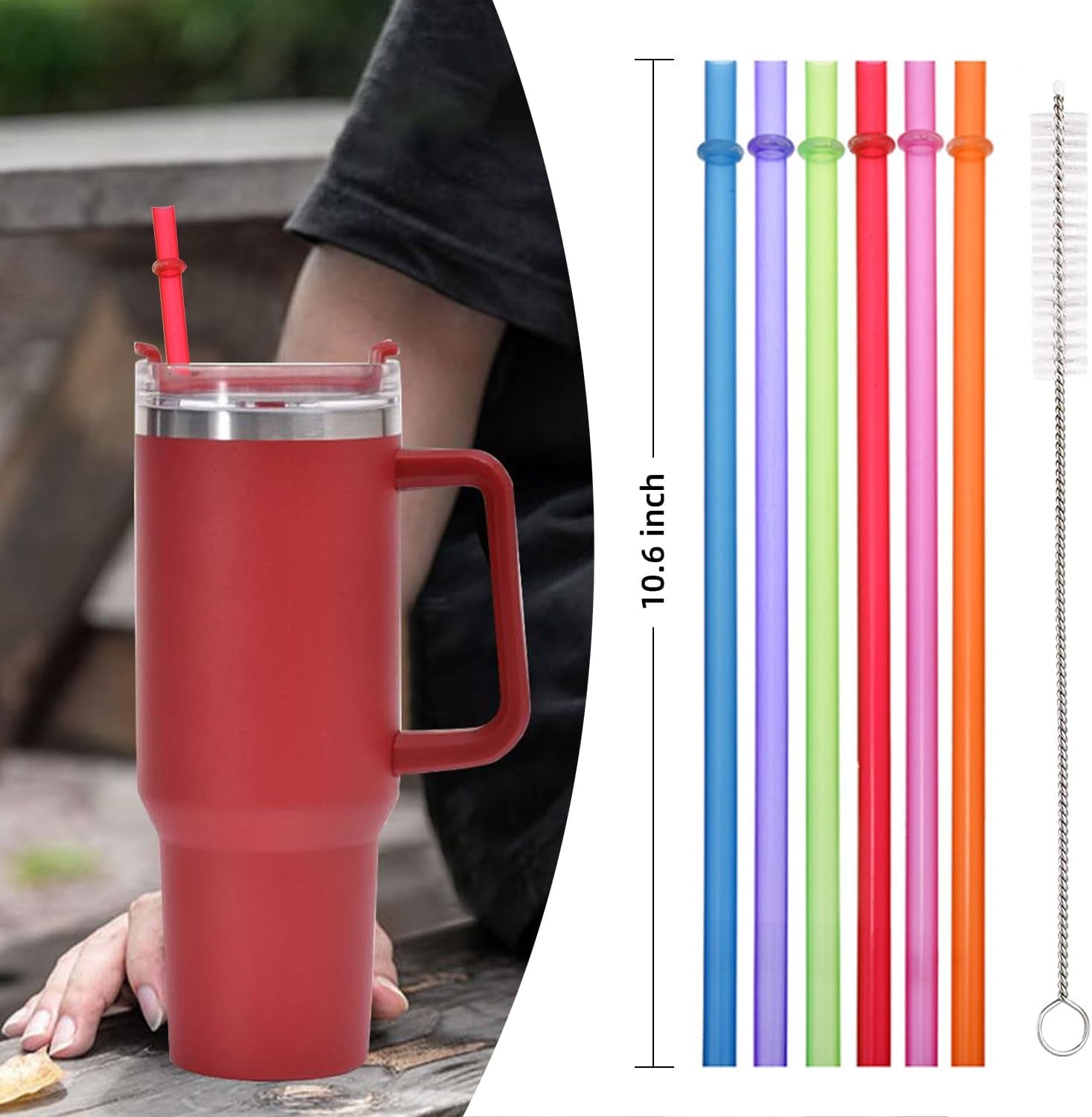 12Pcs Long Rainbow Colored Straw 10.6" Reusable Plastic Replacement Straws Set of 12 with Cleaning Brush