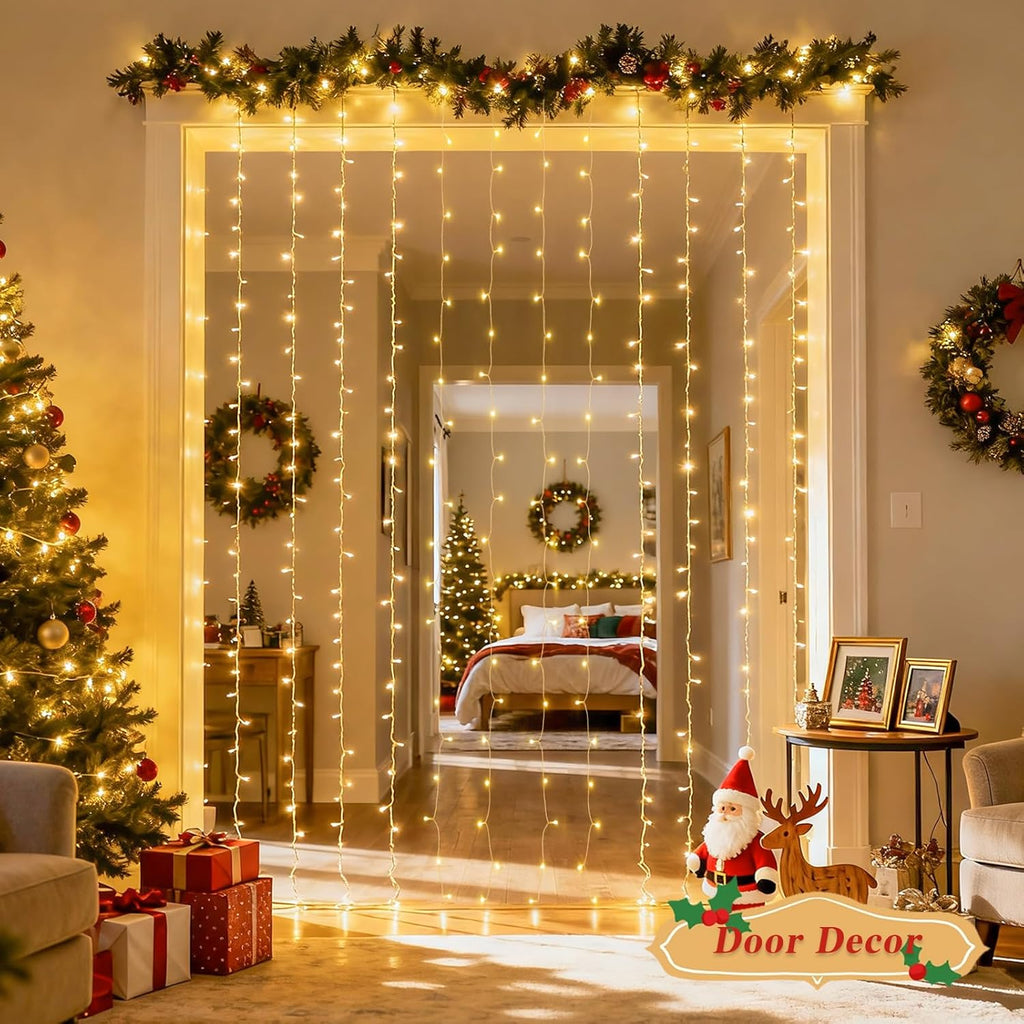200 LED Christmas Curtain Lights Battery Operated & USB Plug In, 8 Modes Warm White Curtain String Lights for Backdrop Bedroom Classroom Wedding Party Decorations