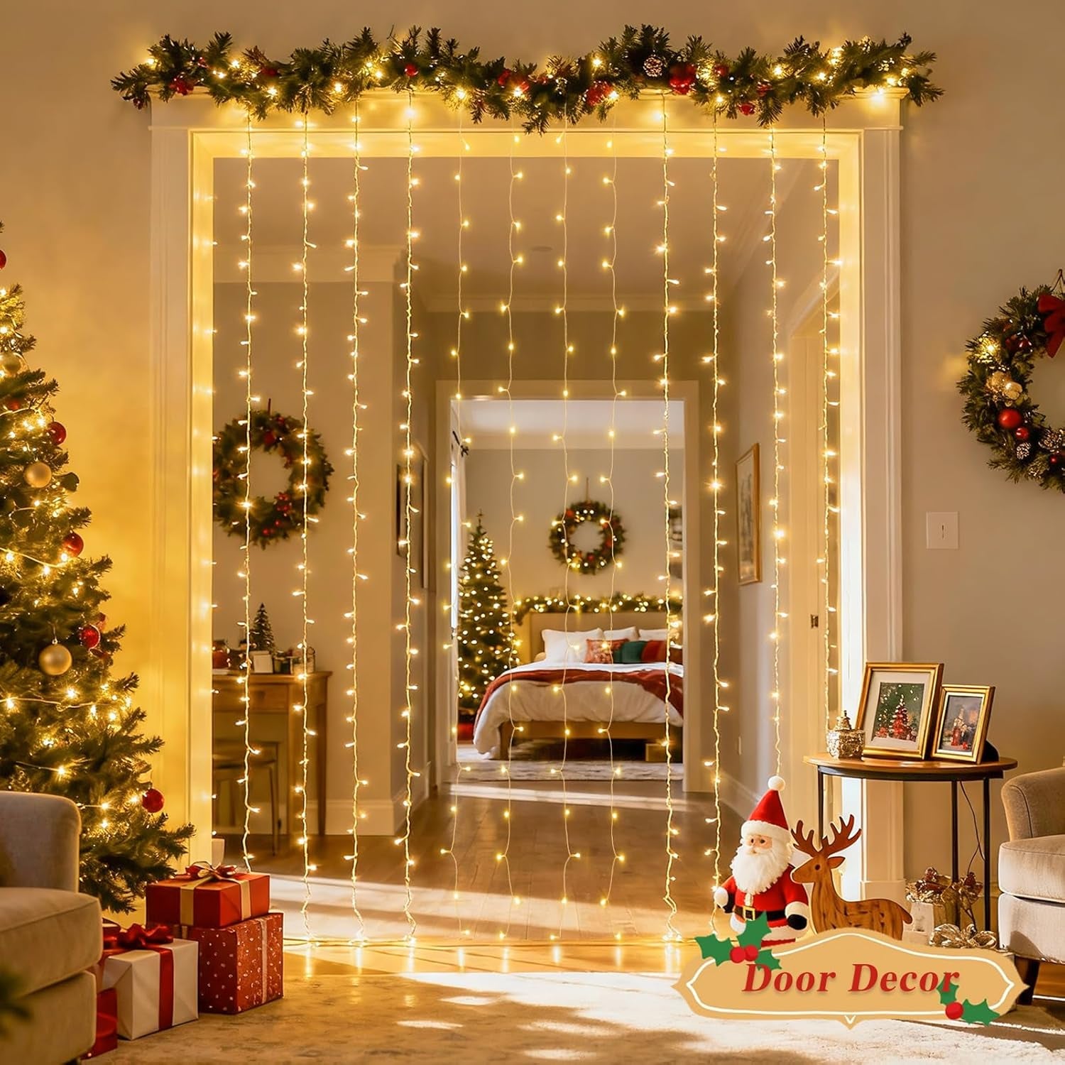 200 LED Christmas Curtain Lights Battery Operated & USB Plug In, 8 Modes Warm White Curtain String Lights for Backdrop Bedroom Classroom Wedding Party Decorations