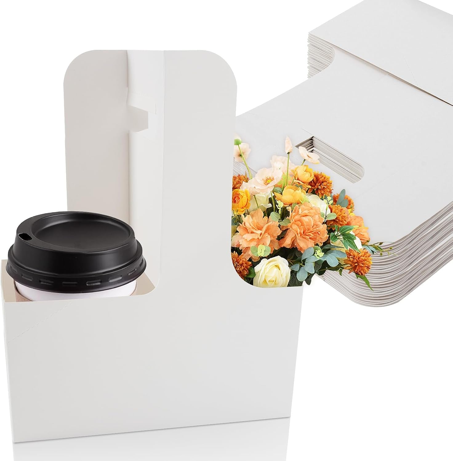 2 Cup Drink Carrier with Handle - 12Pcs Disposable Paper Cardboard Coffee Cup Holder Portable Drink Caddy Cup Carriers to Go Cup Holder Food Delivery Accessories for Hot/Cold Drinks (White)