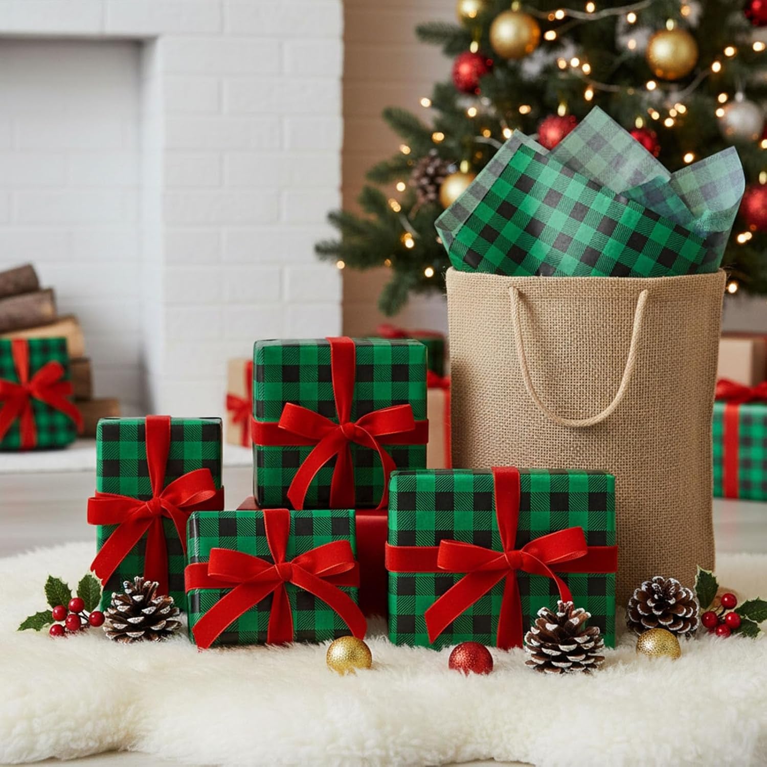 100 Sheets Christmas Tissue Paper, 10"X14" Green and Black Wrapping Paper for Christmas DIY Crafts Birthday Decorations