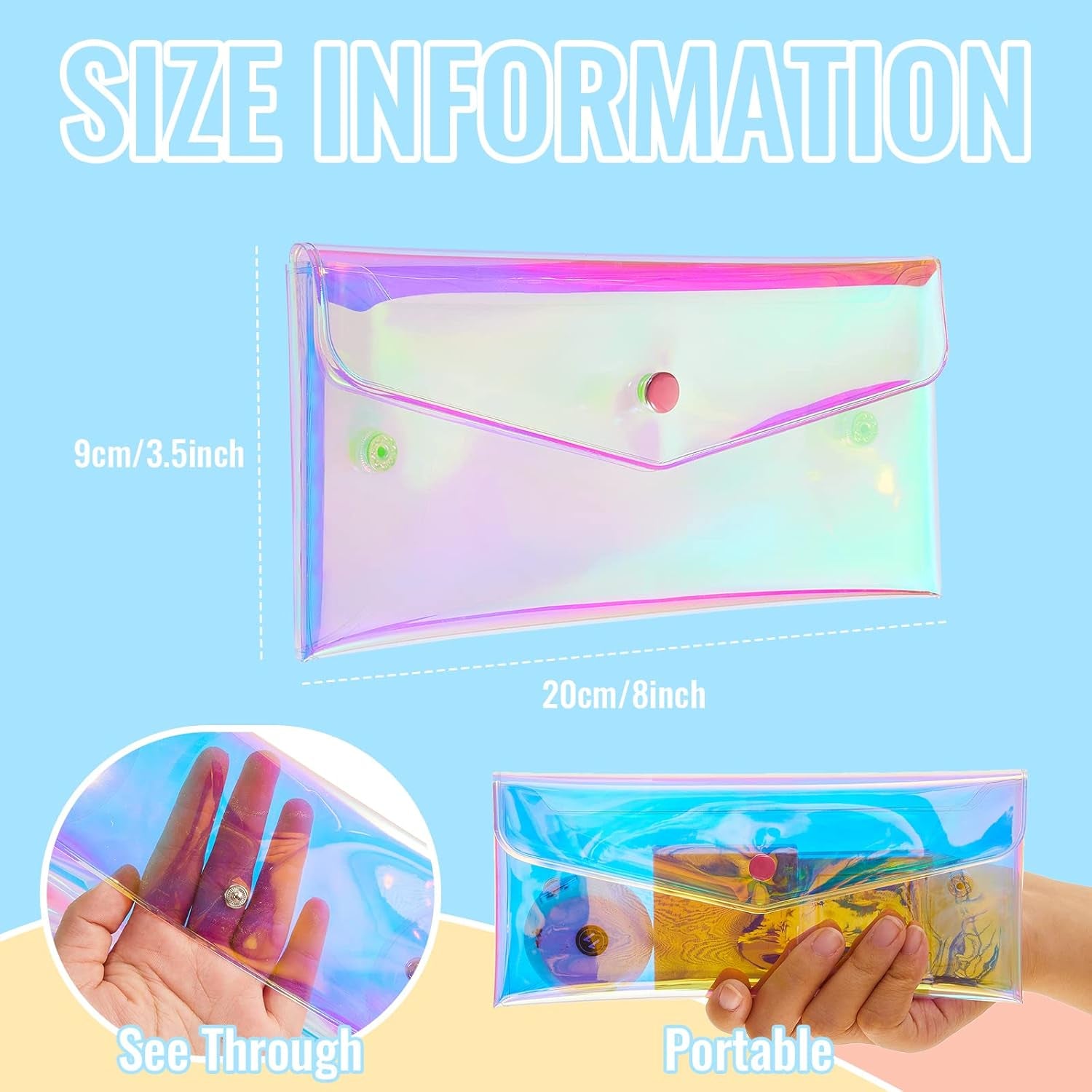 3 Pcs Holographic Makeup Bag Iridescent Pencil Pouch Clear Transparent Small Iridescent Waterproof Cosmetic Bag Make up Envelop Organizer Case Travel Clear Coin Purse for Women(Medium)