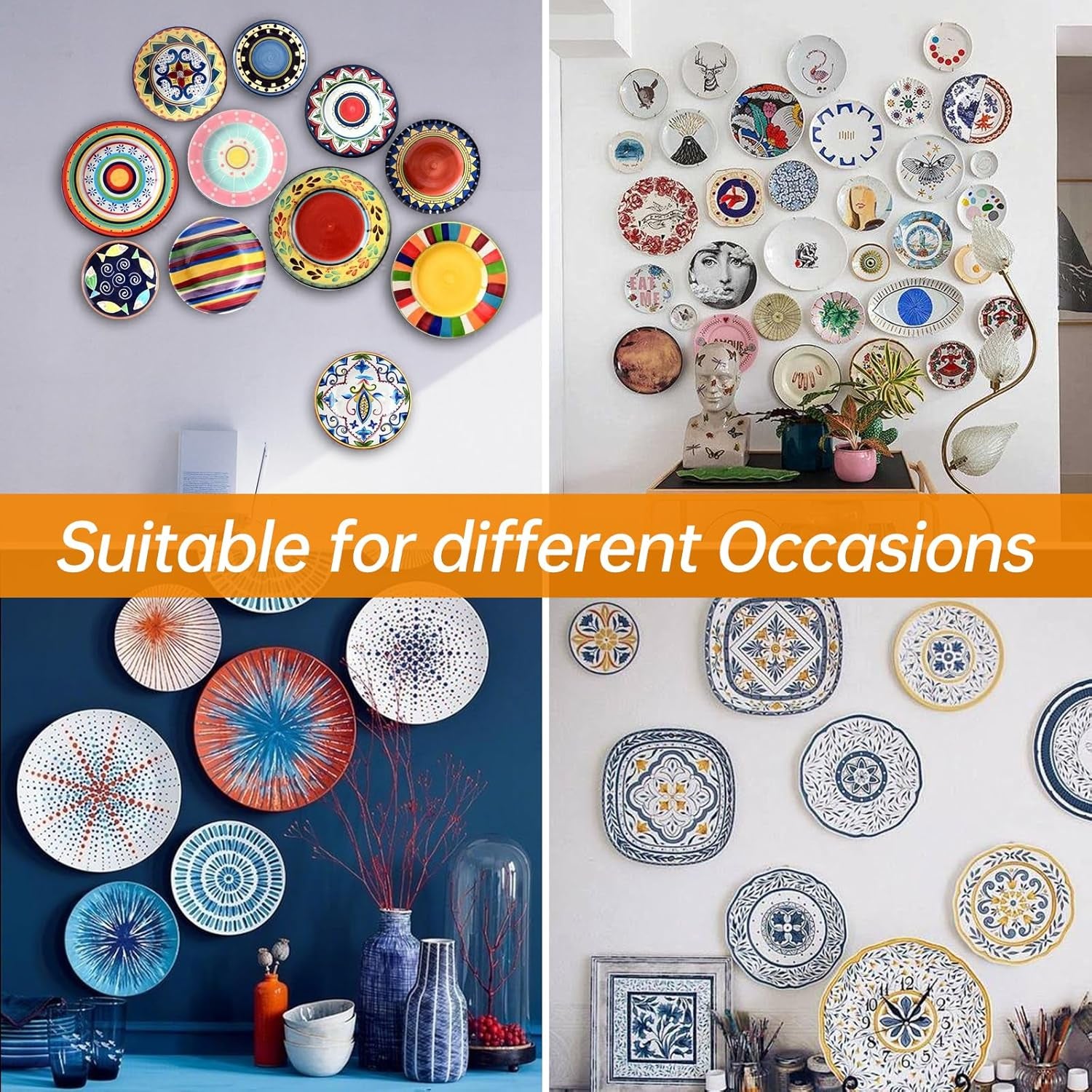 14 Pcs Plate Hangers for Wall - 8/10/12/14/16 Inch Invisible Plates Hanger, Stainless Steel Plate Holders with 14 Pieces Wall Hooks for 7.5 to 19.5 Inch Decorative Plates and Arts (Silver)