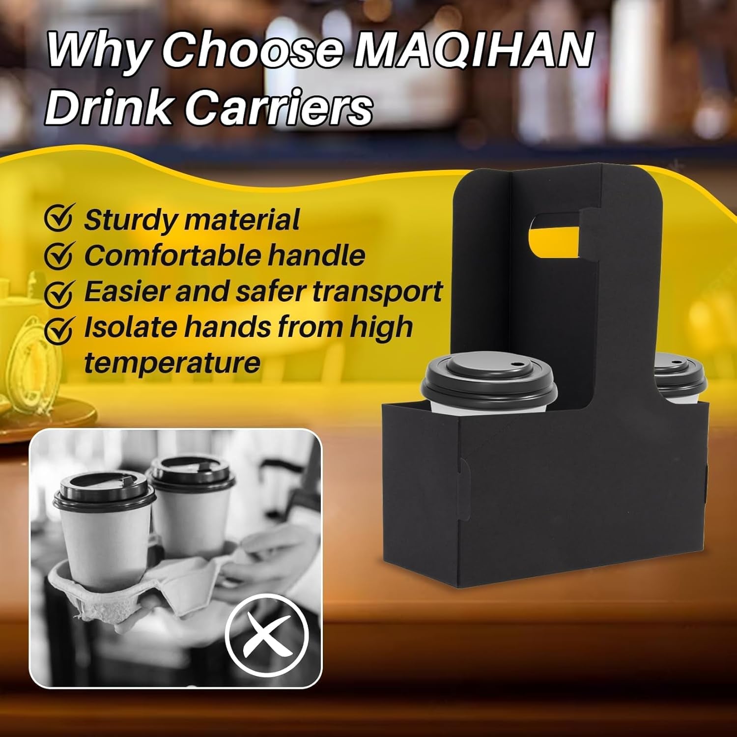 2 Cup Drink Carrier with Handle - 12Pcs Disposable Paper Cardboard Coffee Cup Holder Portable Drink Caddy Cup Carriers to Go Cup Holder Food Delivery Accessories for Hot/Cold Drinks (Black