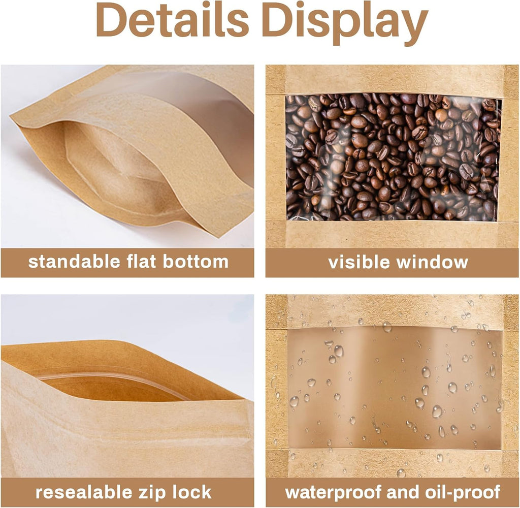 24 Stand up Pouches Bags - 7"×10" Resealable Ziplock Kraft Paper Bags with Window Food Packaging Homemade Bagel Bread Cookie Candy Tea Herb Spice Coffee Jerky Dog Treat Small Business