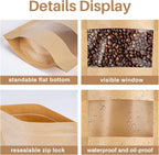 24 Stand up Pouches Bags - 7"×10" Resealable Ziplock Kraft Paper Bags with Window Food Packaging Homemade Bagel Bread Cookie Candy Tea Herb Spice Coffee Jerky Dog Treat Small Business