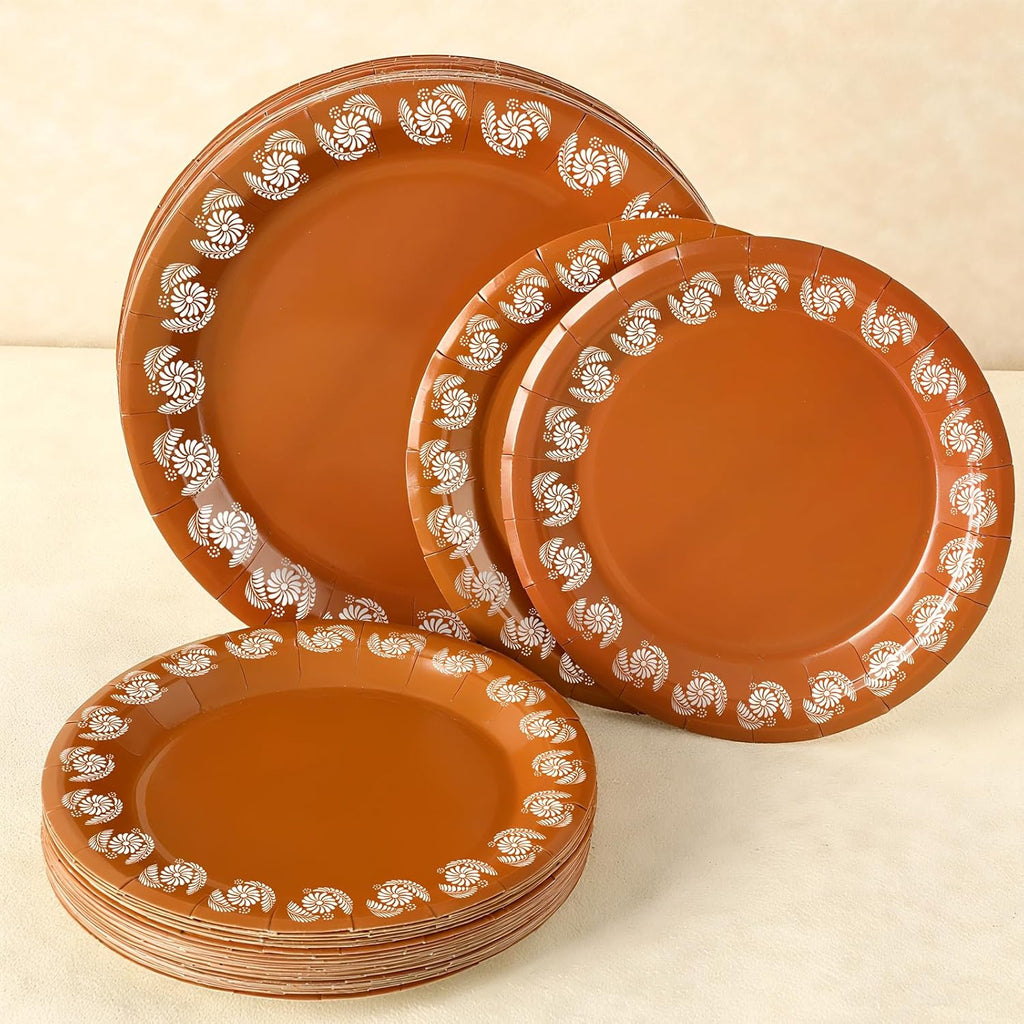 120 Pcs Platos De Barro Mexicanos Paper Plates Fall Cielito Lindo Party Decoration 7/9 Inch Mexican Plates Terracotta Flower Clay Pottery Paper Birthday Wedding Party Supplies (White Flowers)