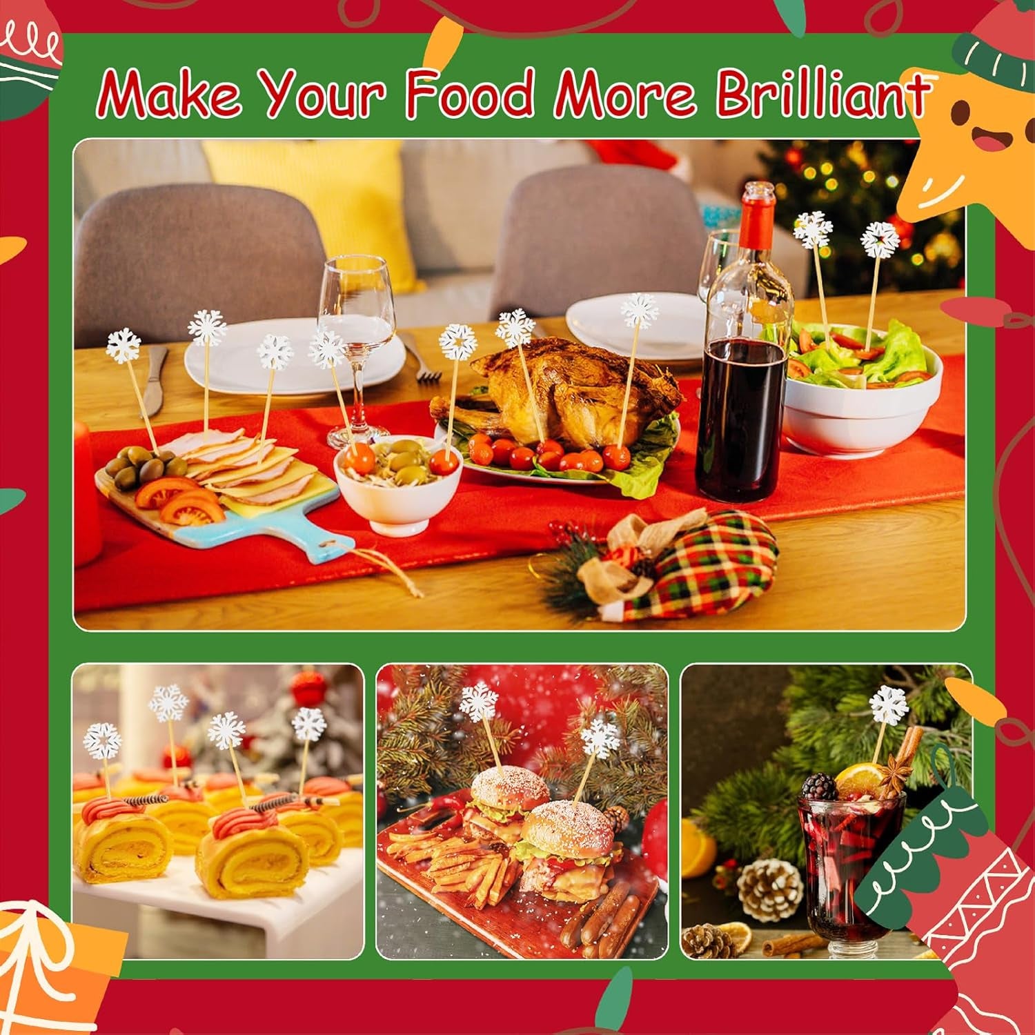 100 Christmas Snowflake Cocktail Picks, 6 Kind of Fancy Christmas Toothpicks for Appetizers, 4.7 in Bamboo Charcuterie Skewers Food Sticks for Winter Snow Frozen Decorations Christmas Party Supplies