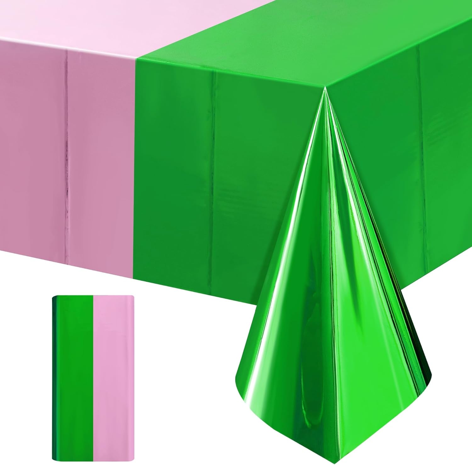 1 Pack Pink Green Foil Tablecloth, 40X106 Shiny Metallic Party Table Cover for Birthday, Princess Witch Theme, Graduation, Baby Shower, Celebration Decorations