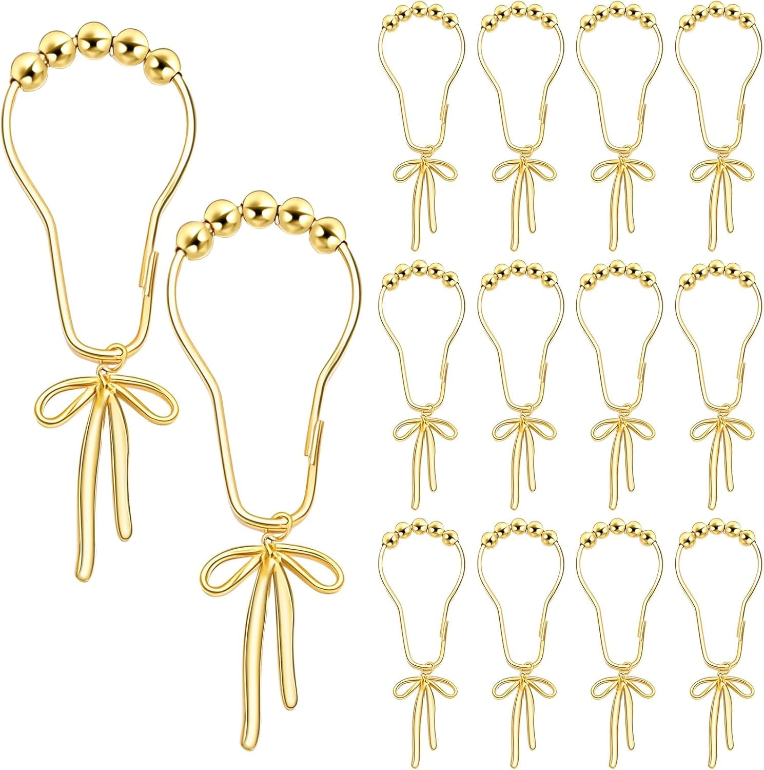 12 Pcs Gold Bow Knot Shower Curtain Hooks Rustproof Metal Decorative Bow Knot Shower Hangers Bulk Glide Curtain Rings for Bathroom Bedroom Living Room Decor