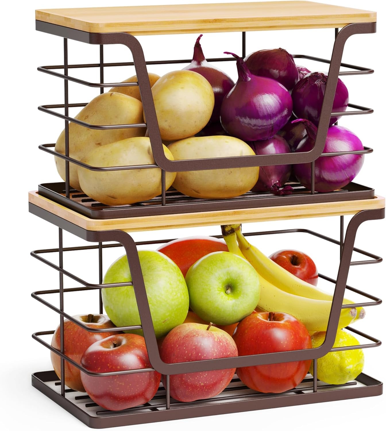 2 Pack Stackable Wire Storage Basket with Bamboo Lip, Trash Bag Dispenser under Sink for 4-13 Gal Bags, Kitchen Storage Bins for Potato and Onion, Brown