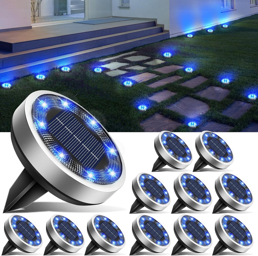 16 Pack Solar Ground Lights Outdoor, 8 LED Solar Disc Lights IP65 Waterproof Flat Light, Pathway Light Solar Powered for Garden Lawn Patio Yard Path Landscape, Blue