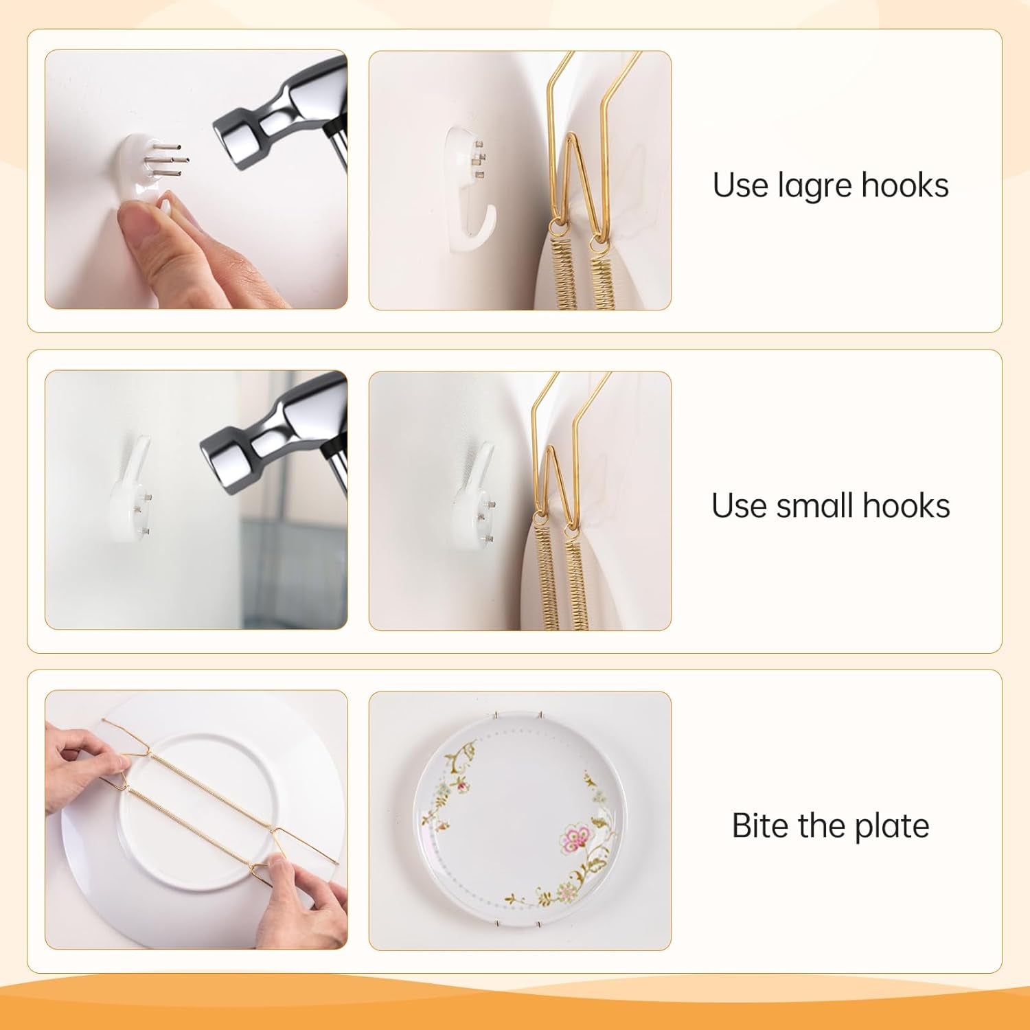 3-Piece Stainless Steel Wall Plate Hangers, 4/6/8 Inch Invisible Decorative Wire Plate Holders with 3 Pieces Wall Hooks for 4 to 10 Inch (Gold)