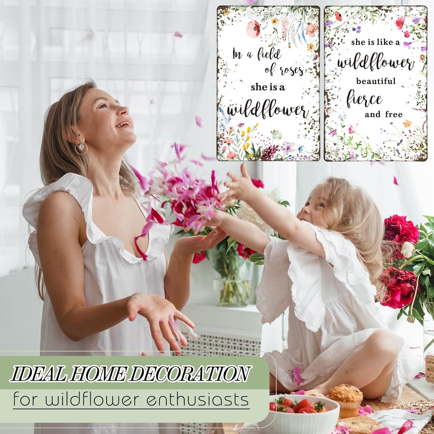 2 Pcs Vintage Wildflower Metal Tin Sign Wild Flower Baby Shower Party Decoration She Is like a Wildflower Beautiful Fierce and Free Funny Tin Sign for Birthday Baby Shower Nursery Decor