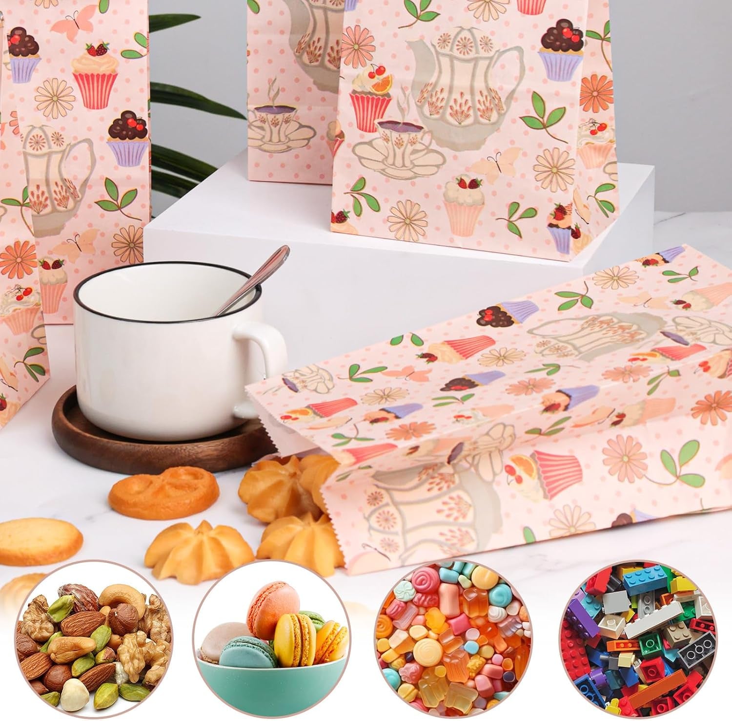 24PCS Tea Party Favor Bags, 4.7"X3.1"X8.7" Small Paper Gift Bags with Stickers for Birthday Parties, Wedding, Baby Shower, Goodie Treats