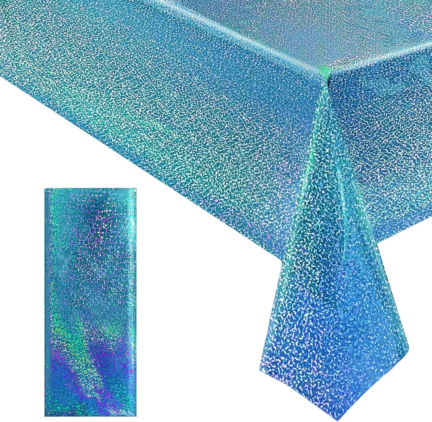 1Pcs Blue Holographic Laser Tablecloths 40" X 108" Plastic Table Cloths for Parties Shimmer Shiny Party Decoration for Winter Ocean Princess Birthday Party Wedding Baby Shower Christmas Decor