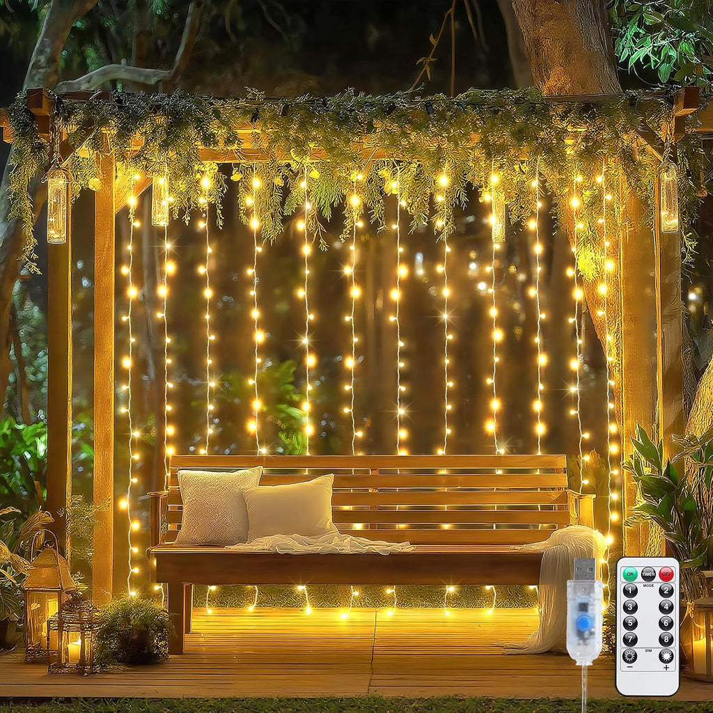 200 LED Christmas Curtain Lights for Bedroom, Warm White Hanging Curtain String Lights Indoor, USB Plug in Christmas Twinkle Lights with Remote for Wall Backdrop Wedding Party Decor