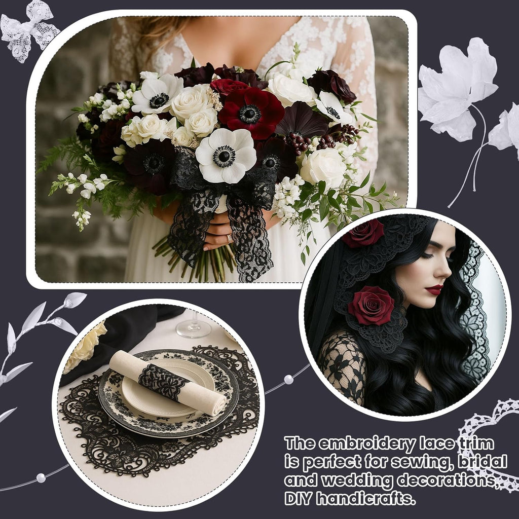 3 Inch Black Lace Ribbon, 10 Yards Wide Lace Trim for Sewing Elastic Floral by Roll for Bridal Wedding Decoration DIY Sewing Craft Gift Wrapping Supply