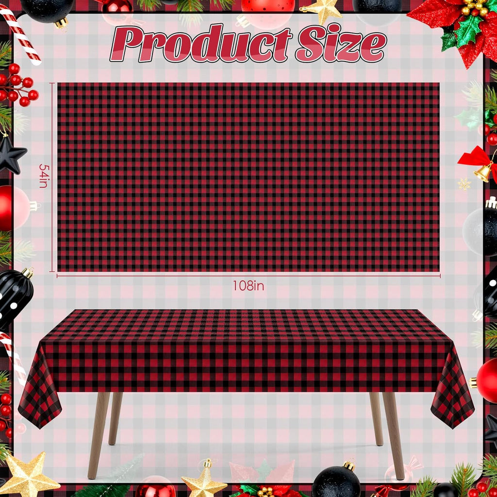 1 Pack Red Striped Gingham Tablecloths, 54 X 108 Inch Disposable Plastic Rectangle Table Covers, Waterproof Red and Black Checkered Table Cloths for Picnic, Birthday, Party, Outdoor Events