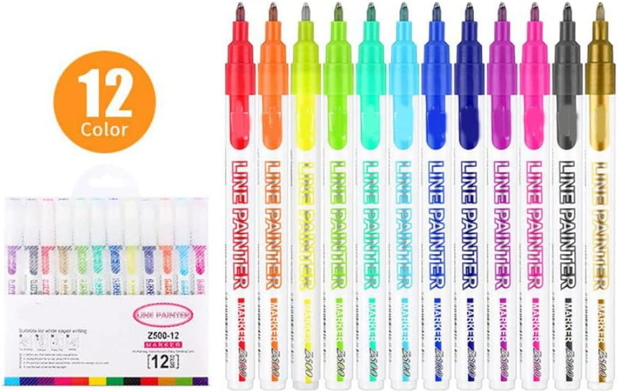 12Pcs Doodle Dazzlingly Markers, Outline Metallic Markers Double Line Pens Permanent Markers Pens for Art, Drawing, Greeting Cards,Rock Painting, Kid Journal, Metal, Wood Ceramic, Glass