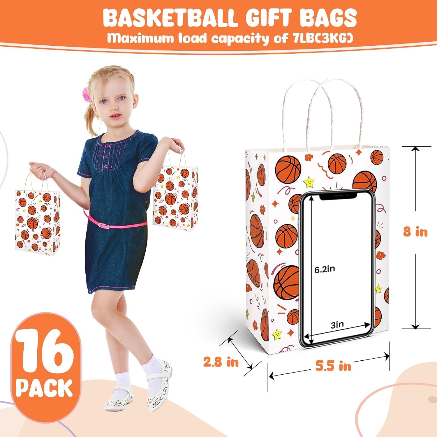 16 Pack Gift Bags, 5.5" X 2.8" X 8" Basketball Party Favor Bags with Handles for Sports Theme Birthday Party Supplies