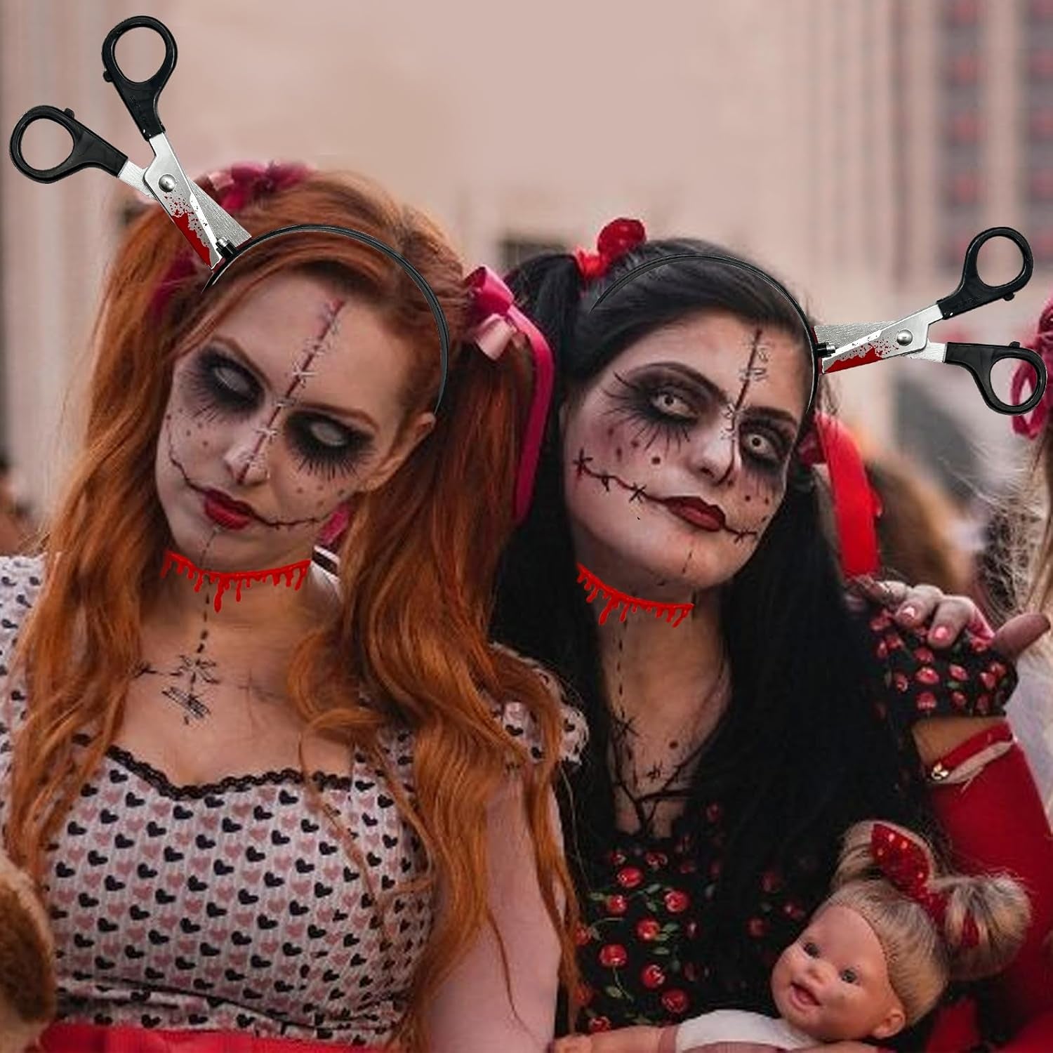 2Pcs Halloween Fake Knife Headband Kits, Vampire Fake Blood Necklace and Fake Scissor Headband, Halloween Zombie Accessories