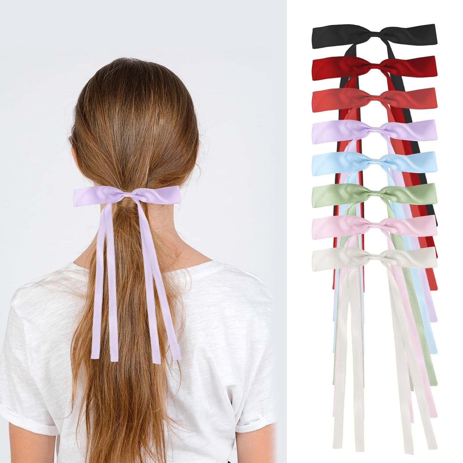 16 PCS Satin Hair Bows Clips with Long Tails | 8 Assorted Colors Satin Ribbon Accessories for Ponytails & Braids | Hair Barrettes for Women Girls