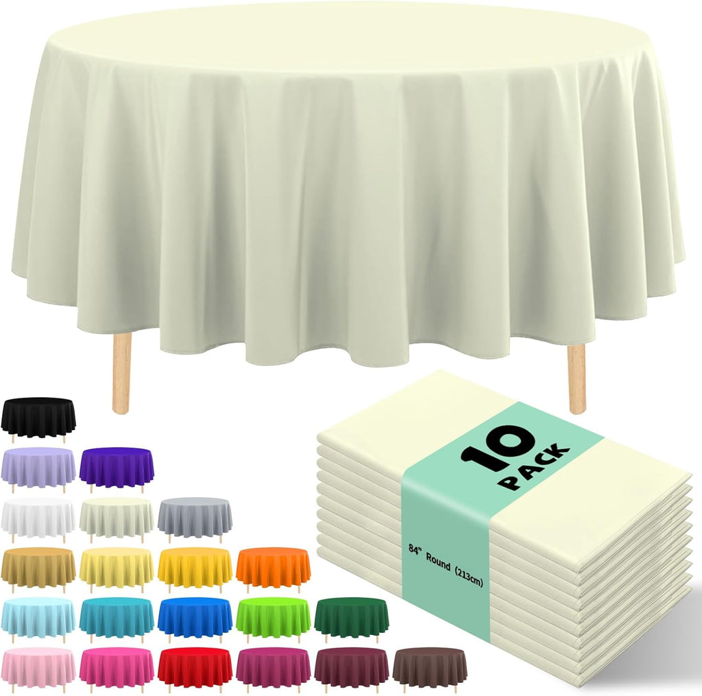 10 Pack Premium Disposable Plastic Tablecloth 84" round Table Cover for Birthdays Weddings Christmas Anniversary Buffet Table (Beige)