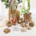 16 PCS Natural Burlap Flowers Set, Including 12 PCS Handmade Lace Burlap Flowers and Bowknots, 4 Rolls Burlap Ribbon for Christmas Birthday Party Wedding Home Embellishment DIY Crafts