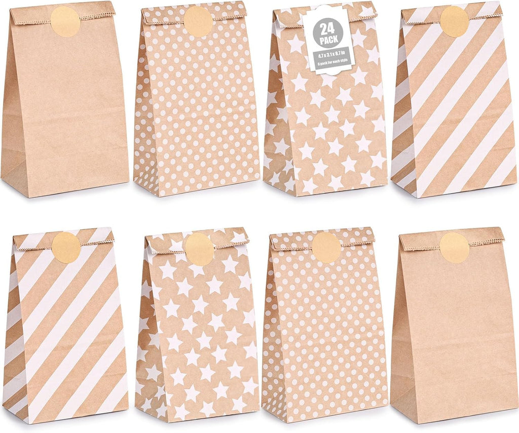 24 Pack Kraft Paper Bags with Stickers, 4 Styles Party Favor Bags for Christmas, Weddings, Birthdays, Retail, Lunch Treats