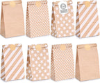 24 Pack Kraft Paper Bags with Stickers, 4 Styles Party Favor Bags for Christmas, Weddings, Birthdays, Retail, Lunch Treats