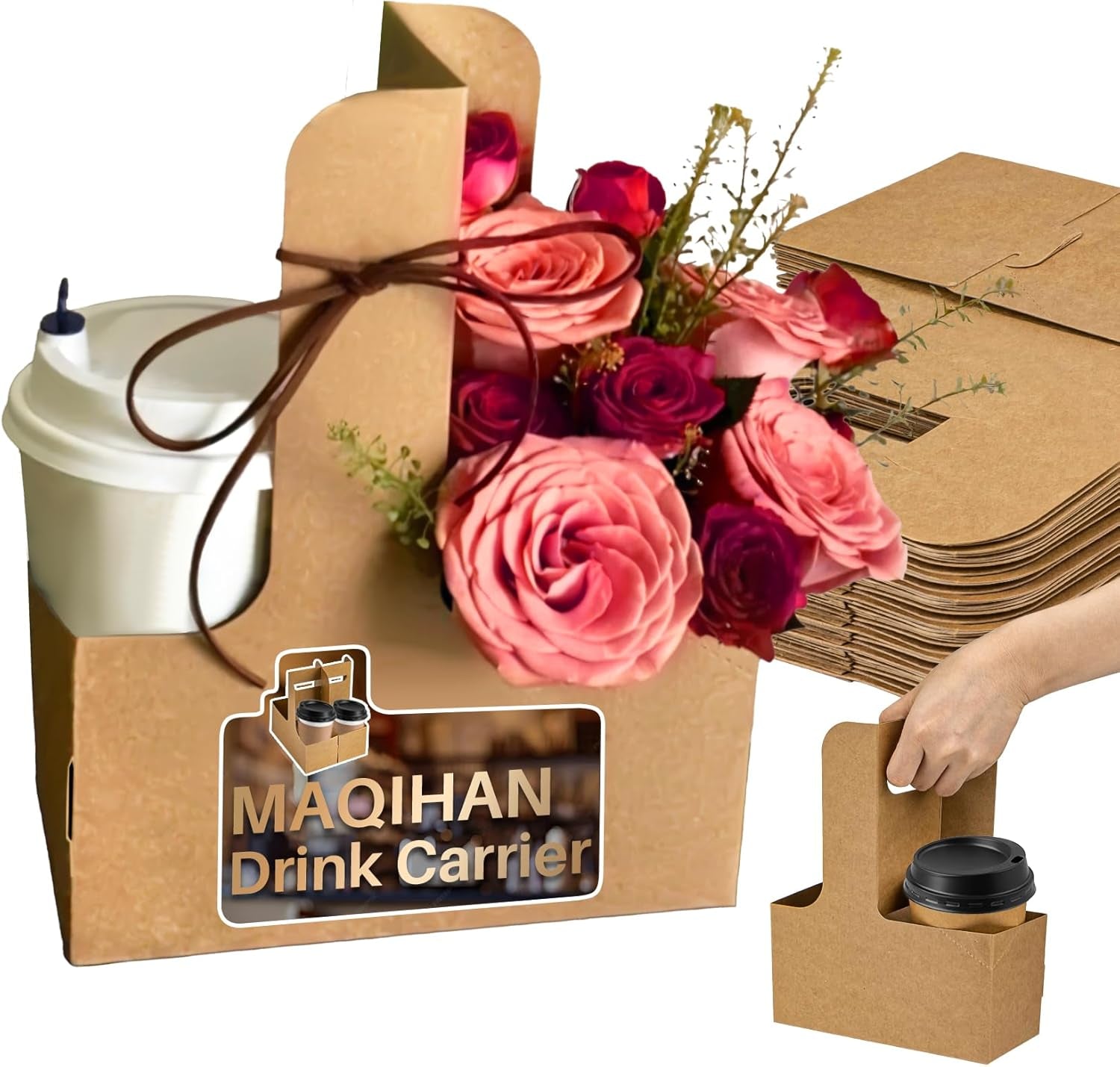 2 Cup Drink Carrier with Handle - 20Pcs Disposable Cardboard Coffee Cup Holder Portable Foldable Tray Drink Caddy Cup Carriers to Go Cup Holder Food Delivery Accessories for Hot/Cold Drinks